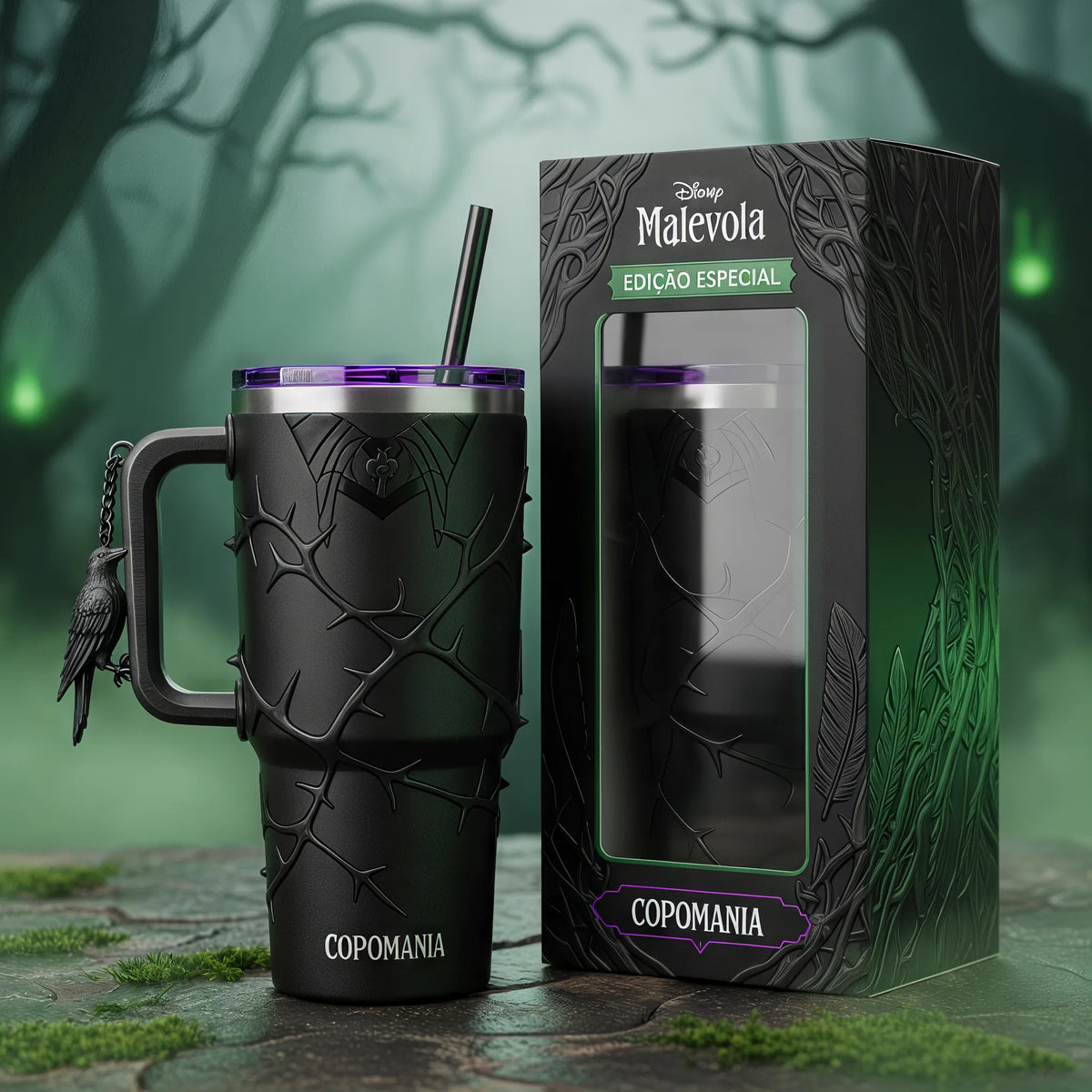 🌑 Copo Térmico Malévola + Pingente Corvo 1,15 L
